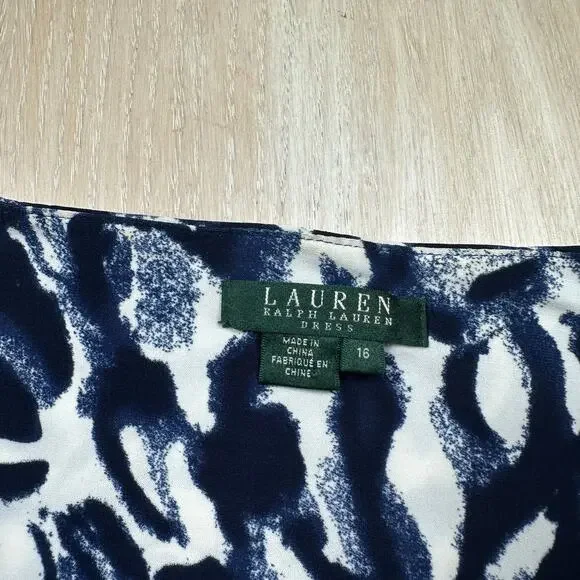 Lauren Ralph Lauren Navy White Abstract Print Ruched 3/4 Sleeve Sheath Dress 16 - Picture 8 of 14
